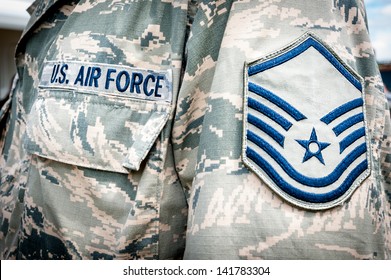 Detail Of United States Air Force Soldier's Uniform With Emblem In Focus.