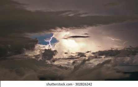 Detail Of A Very Active Thunderstorm, With A Lightning, In Venezuela. Cumulonimbus Cloud Type