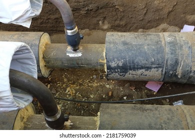 Detail View. Branching Of District Heating Pipes.