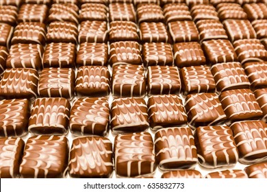 Detail View Of Chocolate Pralines On A Serving Table Prepared For Degustation