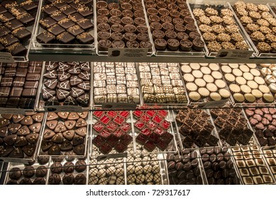 Detail View Of Different Delicious Chocolate Pralines Prepared For Degustation