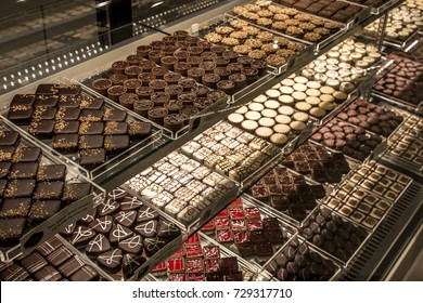 Detail View Of Different Delicious Chocolate Pralines Prepared For Degustation