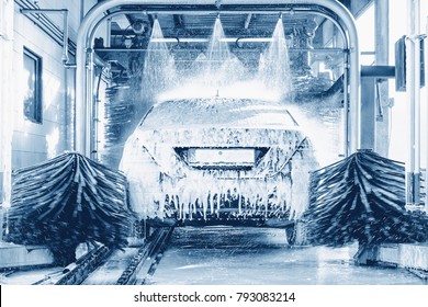 detail view on car wash, car wash foam water, Automatic car wash in action - Shutterstock ID 793083214