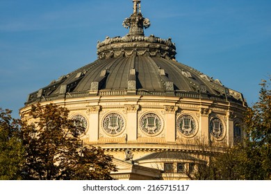 Detail view over the Romanian Athenaeum or Ateneul Roman, in the center of Bucharest capital of Romania
