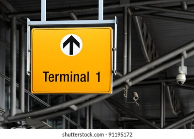 Detail View Of Terminal Sign On Airport Hall