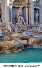 A Detail View Of The Trevi Fountain In The Morning - No People. Tourist Attraction In Rome.