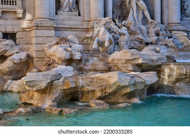 A Detail View Of The Trevi Fountain In The Morning - No People. Tourist Attraction In Rome.