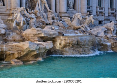 A Detail View Of The Trevi Fountain In The Morning - No People. Tourist Attraction In Rome.