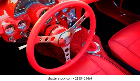 Detail Of Vintage Red Sportscar Sports Car With Sporty Leather Interior