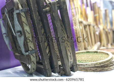 Detail of vintage tennis racket, the beginning of the twentieth century, close-up.