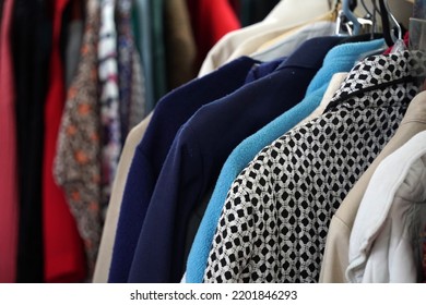 Detail Of Vintage Used Clothes For Sale Inside A Shop 