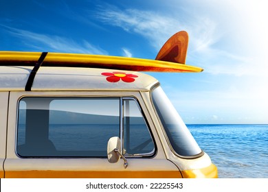 Detail Of A Vintage Van In The Beach, With A Surfboard On The Roof