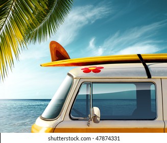 Detail of a vintage van in the beach with a surfboard on the roof