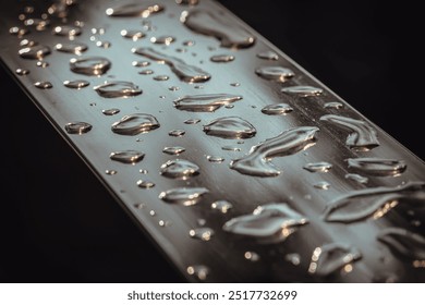 Detail of Water droplets caused by rain perched on the metallic surface.Rain water drops on a stainless steel handle, Natural Pattern of dew drops or raindrops on silver metal background for wallpaper - Powered by Shutterstock