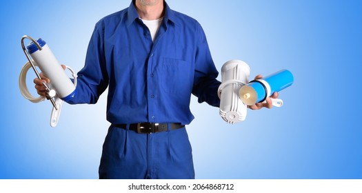Detail of water treatment technician parts and reverse osmosis supply tools in hands with blue isolated background. Front view.