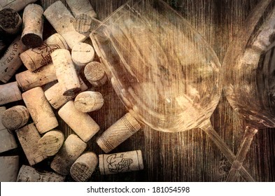 Detail Of Wine Glasses And Corks In Filtered Old Vintage Style