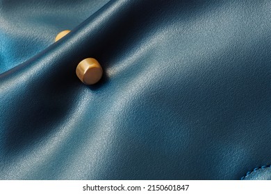 Detail Of Women's Leather Handbag Of Blue Color, Matte Golden Decor, Copy Space