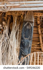 Detail Of Wood Carving Of Black Cow At Traditional Fon's Palace In Bafut, Cameroon, Africa