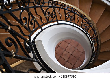 Detail Of The Wood Spiral Staircase In The Hotel