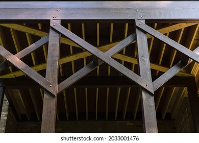 Detail Of Wooden Porch Architecture With X Braces Structure. Building Addition Concept.