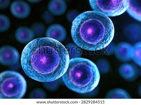 Detailed 3D rendering of biological cells, showcasing their internal structures like the nucleus and cytoplasm under magnification.