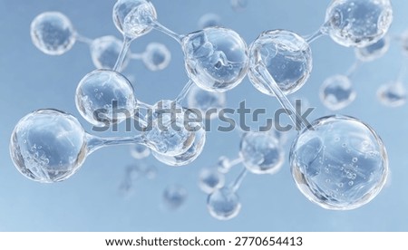 A detailed 3D rendering showcasing the abstract molecular structure of water molecules, emphasizing their interconnectedness and transparency against a soft blue background.