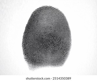 A detailed black ink fingerprint on a clean white background showcasing unique ridge patterns