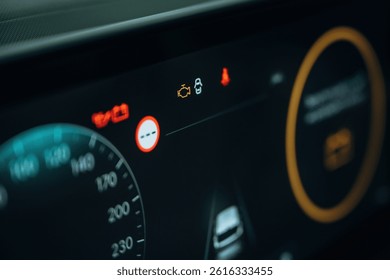 Detailed close up view of speedometer, front panel.