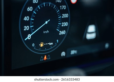 Detailed close up view of speedometer, front panel.