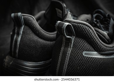 Detailed close-up of black athletic shoes set against a dark textured background in indoor lighting - Powered by Shutterstock