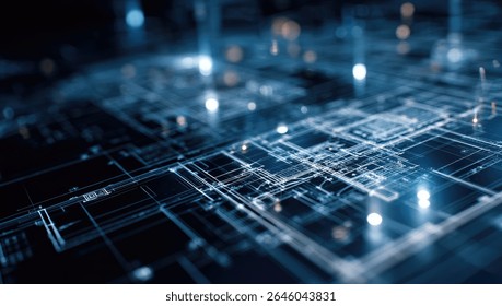 A detailed close-up of a complex digital circuit board, glowing with bright nodes and lines, suggesting intricate technological processes or data flow.