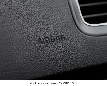 Detailed Closeup Image Of A Dashboard Airbag Zone Work In Interior Of Modern Car. Sign Airbag.