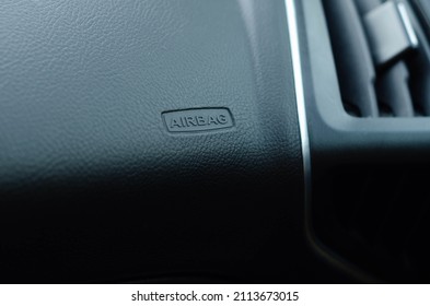 Detailed Closeup Image Of A Dashboard Airbag Zone Work In Interior Of Modern Car. Sign Airbag.