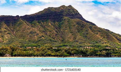 detailed close-up of the peak of iconic Diamond Head volcano crater landmark of World famous Waikiki Hawaii on a sunny tropical day