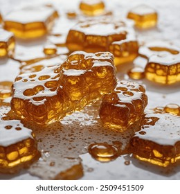 A detailed close-up of a piece of honeycomb with honey oozing out of its hexagonal cells. The honeycomb is placed on a white marble surface, with a few honey droplets pooling around it. - Powered by Shutterstock