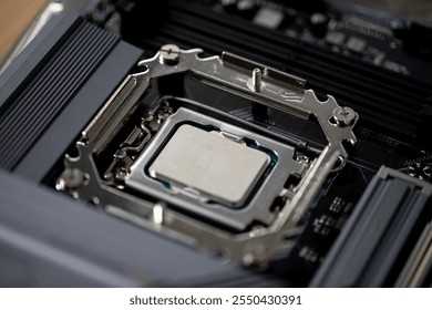 Detailed closeup view of the CPU Socket located on a highperformance Motherboard