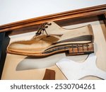 A detailed cross-sectional display of a leather shoe showing its internal layers, including stitching, wooden sole structure, and lace holes, for educational purposes