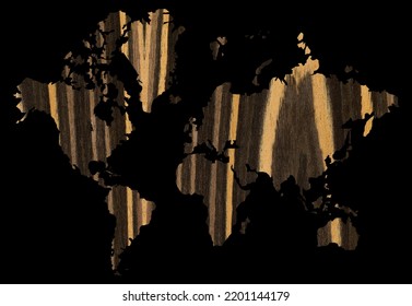 Detailed Decorative World Map Cut From Wood Texture Ebony, Transparent World Map Showing Continents, Isolated On Black Background