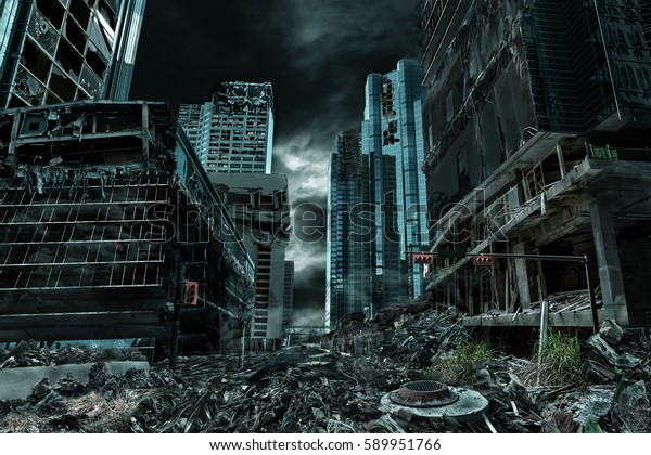 Detailed destruction of\
fictitious city with debris and collapsing structures. Concept of\
war, natural disasters, judgment day, fire, nuclear accident or\
terrorism.