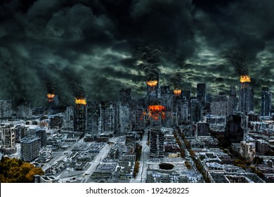 Detailed Destruction Of Fictitious City With Fires, Explosion, Sinkholes, Train Derailment. Symbolic Of War, Natural Disasters, Judgement Day, Fire, Nuclear Accident, Terrorism, Or Meteorite Fallout.