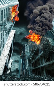 Detailed Destruction Of Fictitious City With Fires, Explosion, Shattered Glass And Rubble. Concept Of War, Natural Disasters, Judgment Day, Fire, Nuclear Accident Or Terrorism. Vertical Orientation.