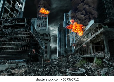 Detailed destruction of fictitious city with fires, explosions, debris and collapsing structures. Concept of war, natural disasters, judgment day, fire, nuclear accident or terrorism.