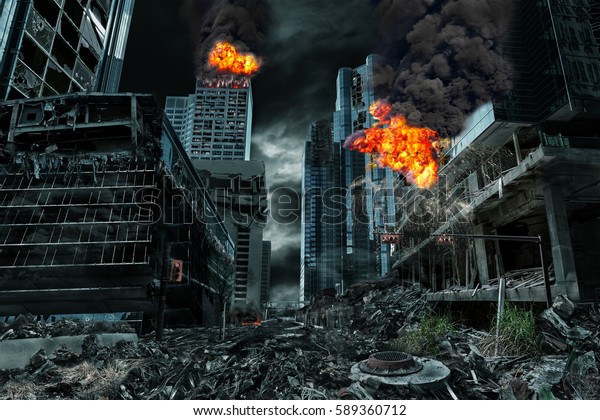 Detailed\
destruction of fictitious city with fires, explosions, debris and\
collapsing structures. Concept of war, natural disasters, judgment\
day, fire, nuclear accident or\
terrorism.