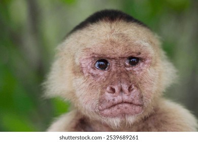 A detailed, expressive close-up of a capuchin monkey’s face, capturing its thoughtful gaze. The natural background adds to the portrait, highlighting the monkey’s distinctive features. - Powered by Shutterstock