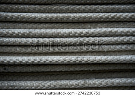 A detailed, full-frame close-up of numerous parallel strands of light-colored, woven rope or cord stacked horizontally. The intricate texture of the braided material is clearly visible, showcasing the individual fibers and the uniform pattern of the weave. The natural beige or off-white hue of the ropes creates a subtle, earthy palette, while the repetitive horizontal lines form an abstract, textural background.