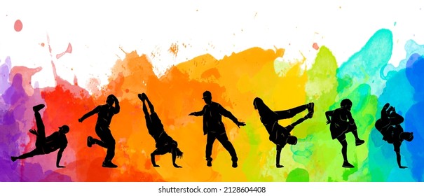 Detailed illustration silhouettes of expressive dance colorful group of people dancing. Jazz funk, hip-hop, house. Dancer man jumping on white background. Happy celebration brakedance b boy - Shutterstock ID 2128604408