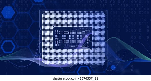 A detailed image of the backside of a microprocessor with visible circuits, overlaid with binary code and digital graphics, representing data processing and computing technology - Powered by Shutterstock - Get 15% off with code: PIKWIZARD15