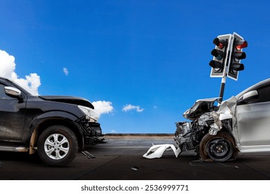 detailed image of a car crash at an intersection, highlighting severe front-end damage to both vehicles from traffic light violation. Ideal for safety awareness visuals. - Powered by Shutterstock