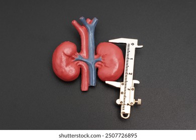 Detailed kidney model with vascular structure being measured for educational and clinical assessment. - Powered by Shutterstock