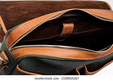 Detailed Leather Bag With Canvas Combination. Brown Leather Gray Combination Bag. The Inside Of The Bag.